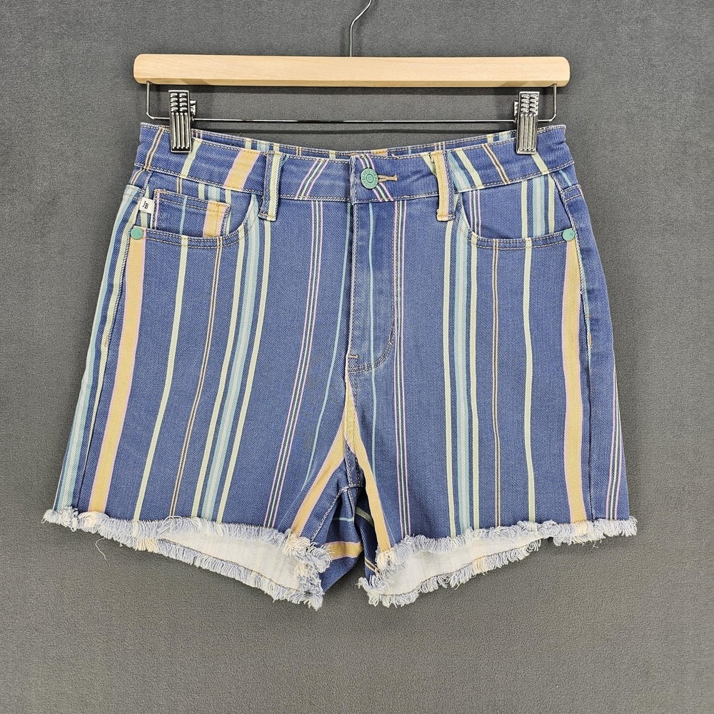 Judy Blue Shorts‎ Womens Medium Blue Striped Denim Raw Hem High Rise JB15019B